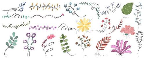 Vector set of flowers and leaves designed in doodle style for card design, spring themed decorations, scrapbook, frame decorations, paper patterns, wedding card, digital print,  and more.