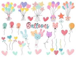 Vector balloons collection designed in vibrant colors. On a white background for decorating cards, festivals, celebrations, art for kids, birthday card, elements for decorations, Sticker, and more.