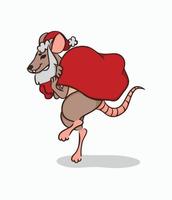 Concept of festive rat with bag behind back in hat and beard. Christmas vector illustration. Image of mouse isolated on white background. Rat walks on tiptoe. Cute design element