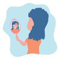 The Girl Looks Sadly At Her Reflection In The Mirror vector