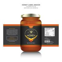 botella de tarro de vidrio con diseño de miel pura de colmena de abejas, marca de productos de salud creativa y moderna etiqueta negra nuevo embalaje, plantilla de diseño gráfico vectorial editable, diseño de impresión 3d de embalaje de etiquetas de alimentos. vector