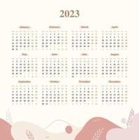 calendario 2023 plantilla de diseño estético con color pastel abstracto blob marrón rosa diseño 3 filas y 4 columnas vector