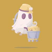 personaje minero fantasma empuja carro de monedas ilustración vector