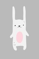 Hand drawn cartoon vector doodle illustration of a white cute bunny rabbit on grey background