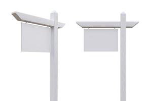3D Rendering Set of Two Blank White Real Estate Signs. photo