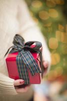 Woman Wearing Seasonal Red Mittens Holding Christmas Gift photo