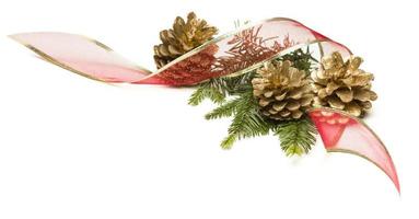 Pine Cones, Red Ribbon and Pine Branches Isolated on White photo