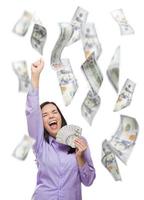 Happy Woman Holding the 100 Bills with Many Falling Around photo