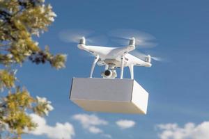 Unmanned Aircraft System Drone Carrying Blank Package In The Air. photo