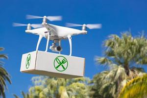 Unmanned Aircraft System Drone Carrying Package With Food Symbol Label Over Tropical Terrain. photo