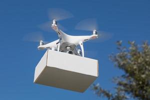 Unmanned Aircraft System Drone Carrying Blank Package In The Air. photo
