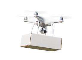 Unmanned Aircraft System Drone Carrying Blank Package On White. photo