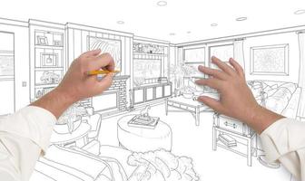 Hands Drawing Custom Living Room Design on White photo