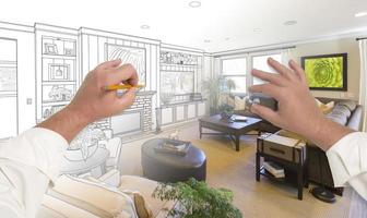 Hands Drawing Living Room Design Gradating Into Photograph photo