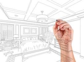 Hand Drawing Custom Master Bedroom Design On A White Background. photo