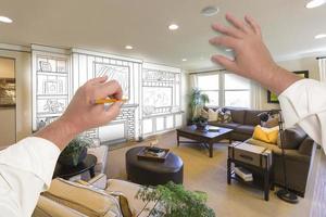 Male Hands Drawing Entertainment Center Over Photo of Home Interior