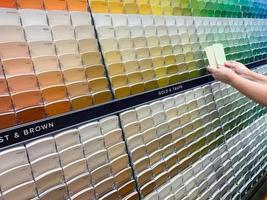 Customer Views Paint Swatches In Paint Store at Colourful Sample Rack photo