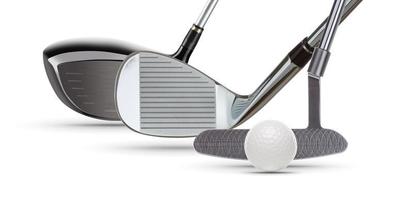 Golf Driver Wood, Iron Wedge, Putter and Ball on White Background photo