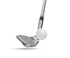 Chrome Golf Club Wedge Iron Hitting Golf Ball on White Background photo