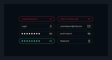 Login page UI elements kit. Adding information isolated vector components. Flat navigation menus and interface buttons template. Web design widget collection for mobile application with dark theme
