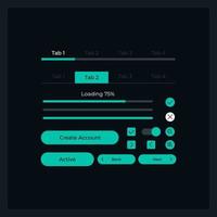 User registration UI elements kit. New account isolated vector components. Flat navigation menus and interface buttons template. Web design widget collection for mobile application with dark theme