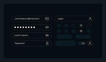 kit de elementos de interfaz de usuario de control de cuenta personal. componentes vectoriales aislados. menús de navegación planos y plantilla de botones de interfaz. colección de widgets de diseño web para aplicaciones móviles con tema oscuro vector