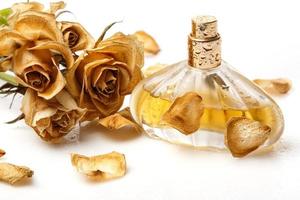 Vial of perfume and dry rose flower photo