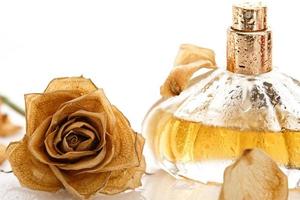 Vial of perfume and dry rose flower photo