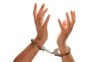 Handcuffed Woman Raising Hands in Air on White photo