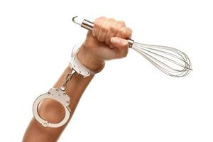 Handcuffed Woman Holding Egg Beater in Air on White photo