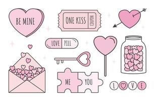 Valentine's Day set of elements, heart shape, key, lolipop, puzzle, pill, jar, coupon, letter, arrow vector