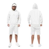 Man wearing blank white cap, hoodie and shorts on white background photo