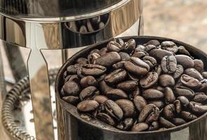 Fresh Dark Coffee Beans In Grinder Next To Press photo