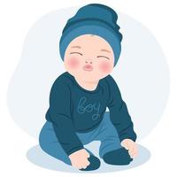 Cute cheerful baby boy in blue clothes, newborn baby boy. Children's card, print, illustration, vector