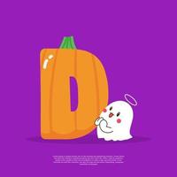 Pumpkin plus letter D with cute ghost emoji sticker beside it vector illustration.