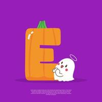Pumpkin plus letter E with cute ghost emoji sticker beside it vector illustration.