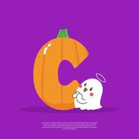 Pumpkin plus letter C with cute ghost emoji sticker beside it vector illustration.