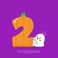 Pumpkin plus number 2 with cute ghost emoji sticker beside it vector illustration