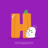 Pumpkin plus letter H with cute ghost emoji sticker beside it vector illustration.