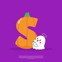 Pumpkin plus letter S with cute ghost emoji sticker beside it vector illustration.