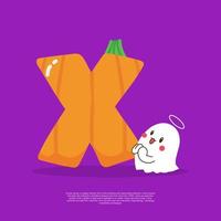 Pumpkin plus letter X with cute ghost emoji sticker beside it vector illustration.