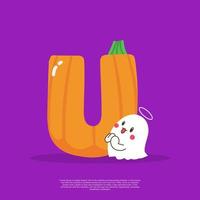 Pumpkin plus letter U with cute ghost emoji sticker beside it vector illustration.