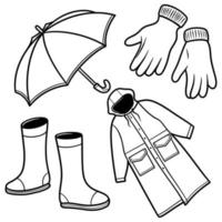 Doodle Set Rain Gear icons Line Art Vector Illustration