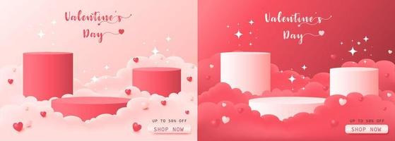 Vector 3d cylinder pedestal podium platform with valentines day design. Mock up product display presentation