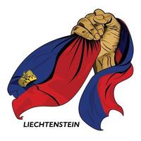 Fisted hand holding Liechtensteiner flag. Vector illustration of Hand lifted and grabbing flag. Flag draping around hand. Eps format