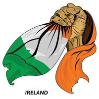 mano en puño sosteniendo la bandera irlandesa. ilustración vectorial de la mano levantada y agarrando la bandera. bandera colgando alrededor de la mano. formato eps vector