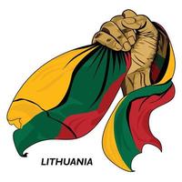 Fisted hand holding Lithuanian flag. Vector illustration of Hand lifted and grabbing flag. Flag draping around hand. Eps format