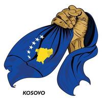 puño mano sujetando la bandera kosovar. ilustración vectorial de la mano levantada y agarrando la bandera. bandera colgando alrededor de la mano. formato eps vector