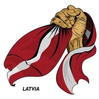 Fisted hand holding Latvian flag. Vector illustration of Hand lifted and grabbing flag. Flag draping around hand. Eps format