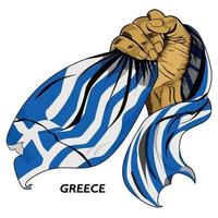 mano en puño sosteniendo la bandera griega. ilustración vectorial de la mano levantada y agarrando la bandera. bandera colgando alrededor de la mano. formato eps vector